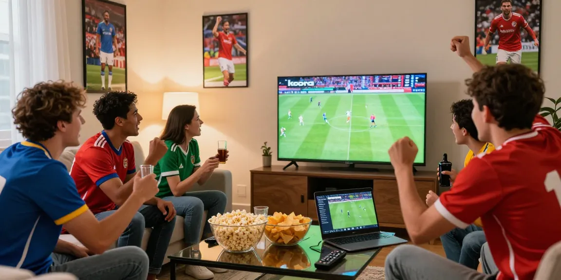 Fans enjoying live koora in a lively living room, cheering for their teams.