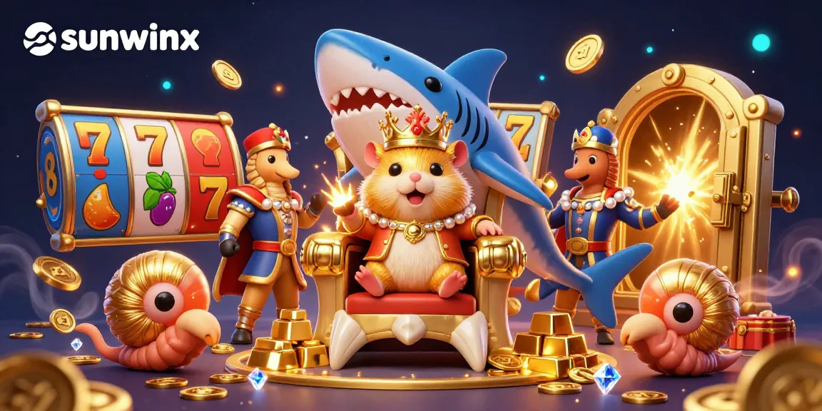 Play exciting games at sunwinx with a vibrant casino scene featuring a golden hamster king.