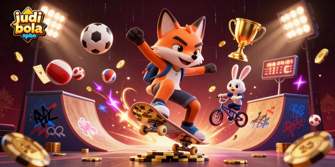 Experience the thrill of judi bola spbo with vibrant 3D action, featuring a skateboarder fox and BMX rabbit surrounded by dynamic sports elements.