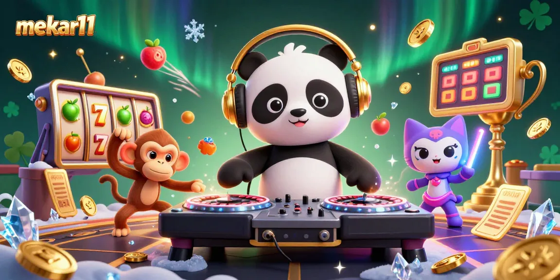 Mekar11 casino cartoon scene featuring a DJ panda, dancing monkey, and glowing kitten with slot reels.
