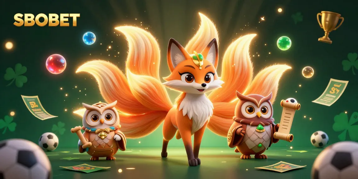 SBOBET's vibrant sports betting scene featuring a nine-tailed fox spirit and mystical sage illuminating winning strategies
