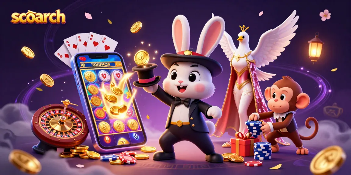 Engage with scoarch's vibrant casino scene featuring a magician rabbit and gaming excitement.