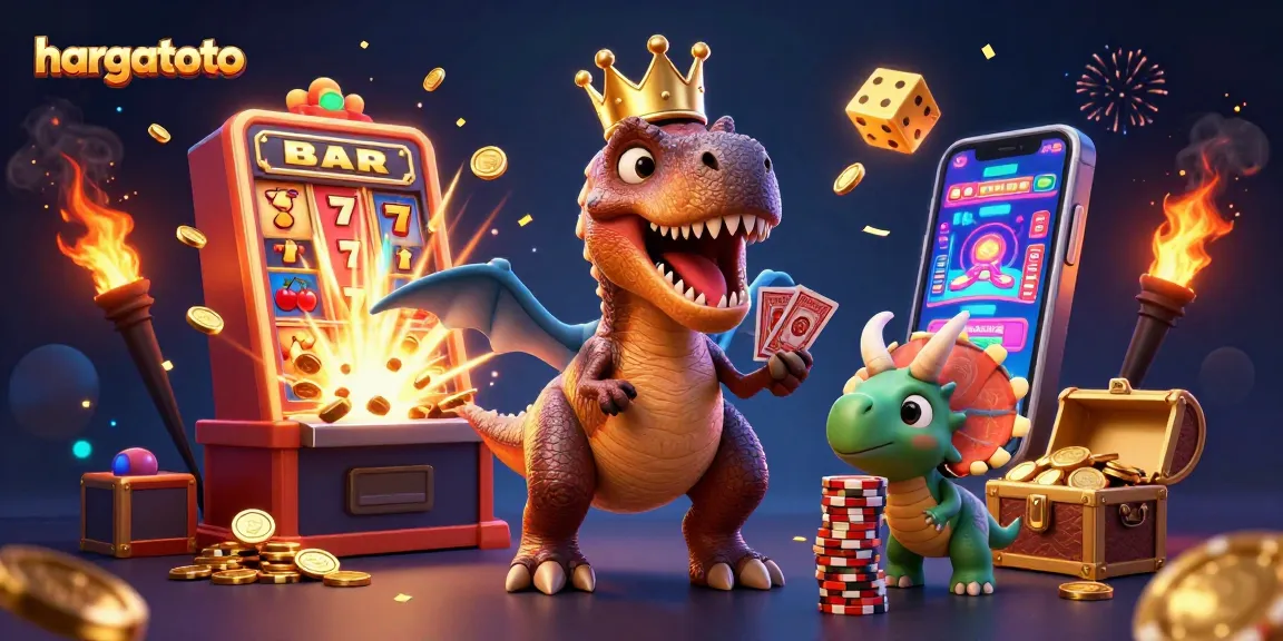 Hargatoto showcases a vibrant casino scene with a playful dinosaur theme, featuring animated game elements.