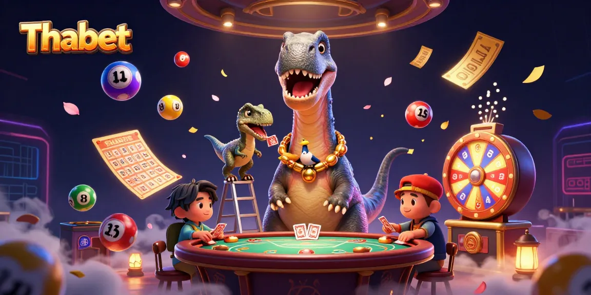 Engage in thrilling gaming at Thabet with a colorful casino scene featuring a giant brontosaurus and vibrant lottery balls.