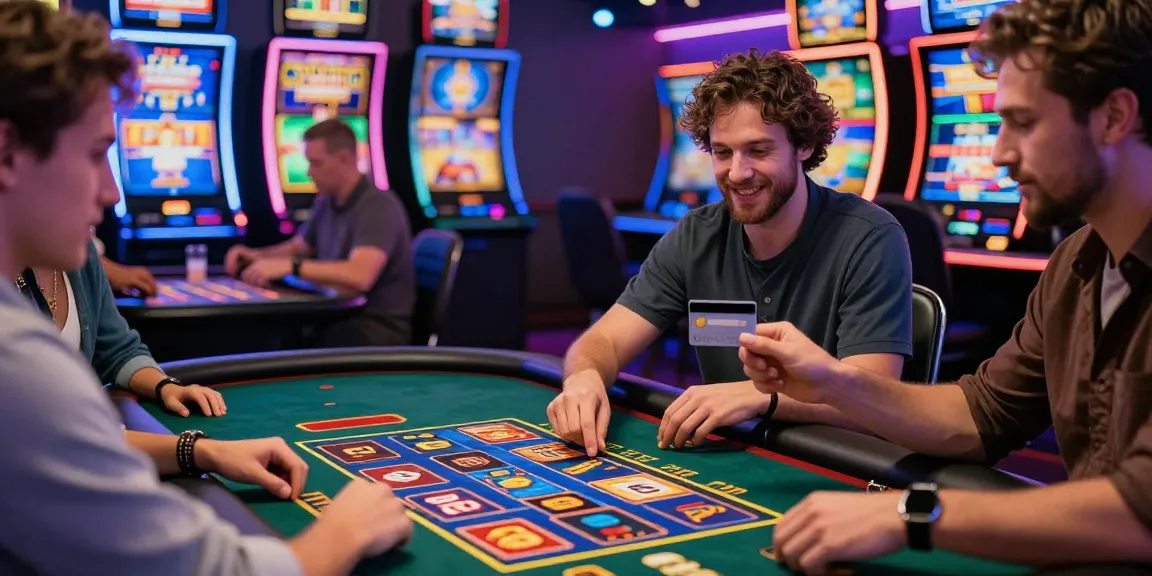 Dynamic scene showcasing credit card casinos at ieee.org.uk, featuring players engaged at digital gaming tables with interactive screens and vivid graphics.